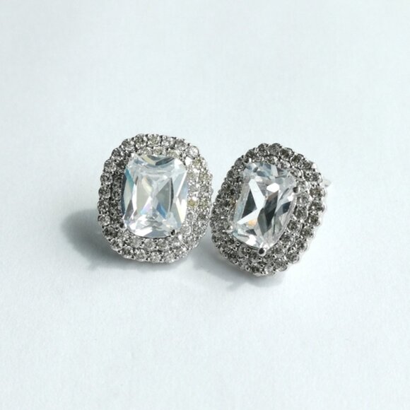 Emerald cut CZ Double Halo stud earrings - Picture 5 of 9